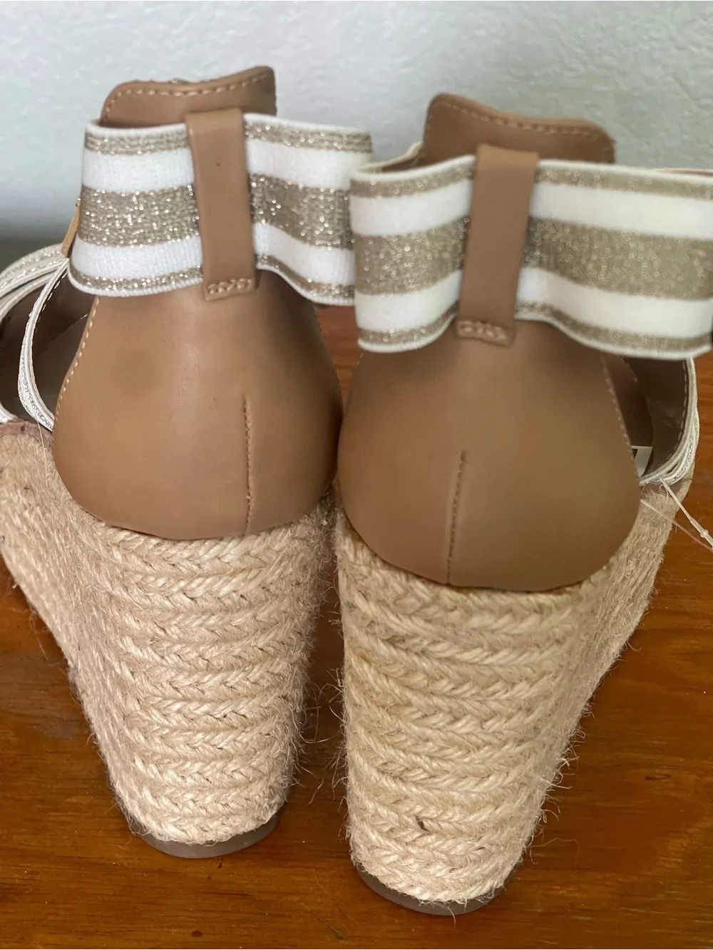 Tommy Hilfiger Tan and White Striped Wedge Espadrilles